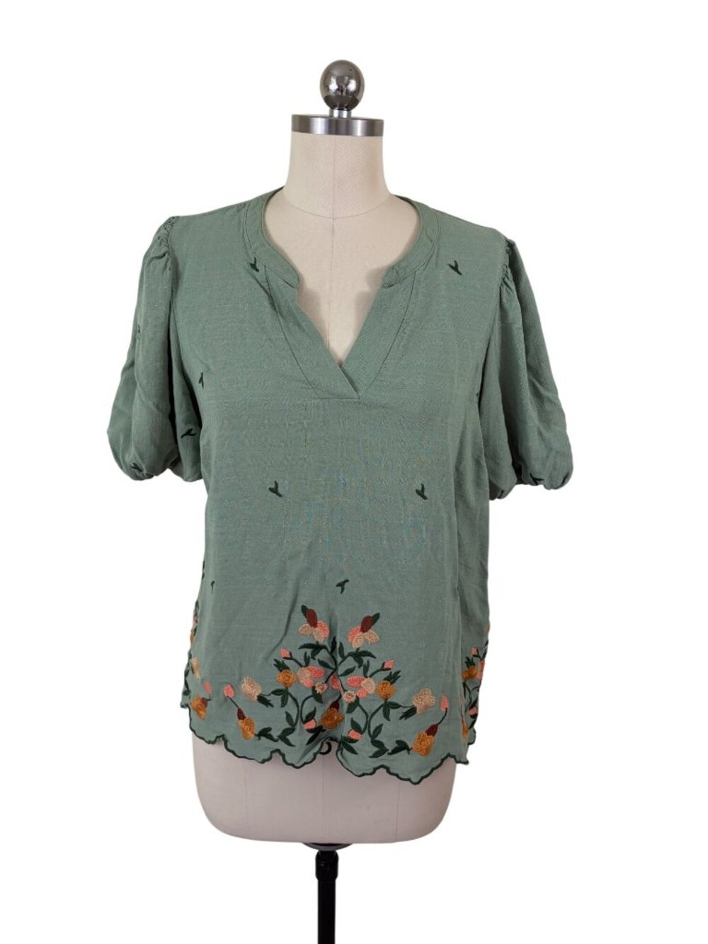Figueroa & Flower Embroidered CottageCore Smock Top Womens XL Green Boho-Chic